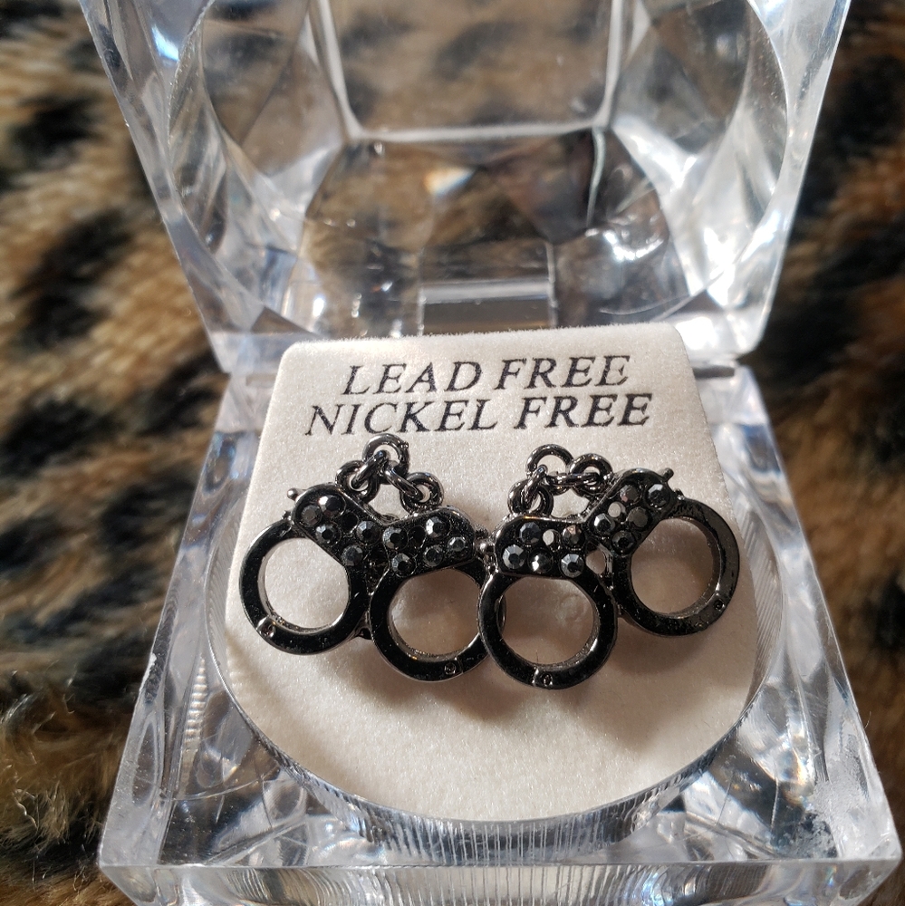 VINTAGE RHINESTONE HANDCUFF Earrings STUDS Y2K PUNK GOTH METAL FETISH